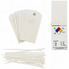 Polyester safety tag for indoor/outdoor use. Rectangle shape, 5 3/4 in height by 3 in width, 0.01 in thickness. Printed in English. Includes 25 nylon ties for attachment. Pack of 25 tags. Not laminated.