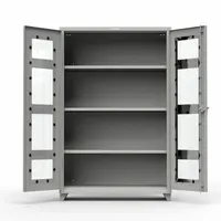 This industrial clearview shelf cabinet from STRONG HOLD features a medium gray finish and an assembled frame with leg base. It includes three adjustable shelves and a swing door, providing organized storage for tools, parts, and supplies in warehouses, workshops, and manufacturing facilities