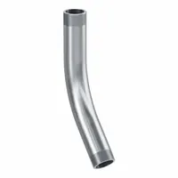 This 45° aluminum elbow is used to change the direction of rigid metal conduit (RMC) runs in electrical installations. It has a 3 in trade size, NPT threads, and an overall length of 22 11/16 in. Complies with UL 6A and ANSI C80.5 standards. Supplied plain