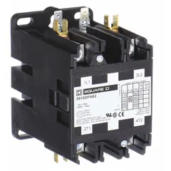 This SQUARE D definite purpose contactor is a non-reversing, 2-pole device with a 24V AC coil, rated for 50 A and 600V AC maximum. It features 2 normally open main poles and quick-disconnect terminals. Typical applications include switching single-phase loads in HVACR equipment such as air conditioning, refrigeration, and heating systems.