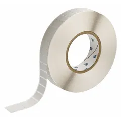 Thermal transfer precut label rolls measuring 1/2 in x 1 in with rubber, aggressive adhesive for permanent bonding. Designed for use with the BBP11 printer series. Suitable for industrial identification, asset tracking, safety labeling, and cable marking.