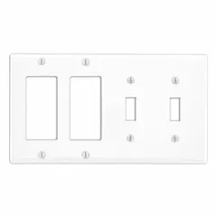 Metal combination wall plate for 4-gang configurations. White finish, standard size. Covers and protects multiple switches or outlets in a single opening for indoor electrical installations.
