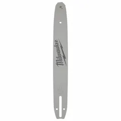 This MILWAUKEE guide bar is a 14-inch replacement bar with a 3/8-inch pitch, 0.05-inch gauge, and 52 drive links. It is designed for use with Milwaukee® chain saws, guiding and supporting the saw chain during cutting operations in forestry, construction, and landscaping tasks.