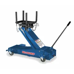 Hydraulic transmission jack with 1.5 ton load capacity, steel frame, and manual handle operation. Equipped with a chain securing mechanism for stable load holding. Used for lifting, positioning, and supporting heavy driveline components such as transmissions and transfer cases during vehicle service or installation.