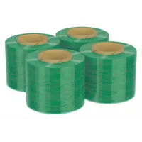 Light green stretch wrap film for manual wrapping of pallet loads, boxes, and industrial goods. Each roll is 3 in wide and 650 ft long, sold as a 4-pack. The integrated handle with brake allows controlled tension during application