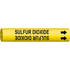 Snap-on pipe marker for identifying pipes carrying sulfur dioxide. Yellow background with black legend and directional arrows. Fits pipe outer diameters of 4 to 6 inches. Single marker included.
