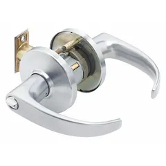 This privacy lever lockset features a satin chromium-plated zinc finish with a 9K curved return lever. It is ADA compliant and includes Large Format Interchangeable Core (LFIC) capability. The ANSI F76 function allows push-button locking from the interior, suitable for privacy applications such as bathrooms or bedrooms in commercial or institutional settings.