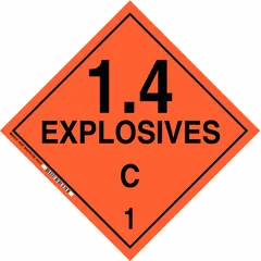 Class 1: Explosives placard measuring 10 3/4 in x 10 3/4 in with a label height of 10 3/4 in. Displays the message '1.4 Explosives C 1'. Used for marking containers holding Division 1.4 explosives in shipping, storage, and logistics applications.