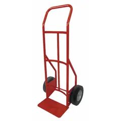 This hand truck features a steel frame with a flow-back handle and flat-free 10-inch wheels. The red finish provides visibility in work environments. Suitable for moving heavy loads in industrial and commercial settings such as warehouses, factories, and delivery operations.