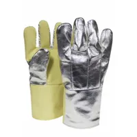 Aluminized gloves with gauntlet cuff and wool liner, rated for continuous exposure up to 600°F. Designed for protection against radiant heat in high-temperature environments such as furnace work, foundries, and metal processing