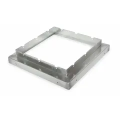 Galvanized steel roof-curb adapter for downblast fans. Adapts a 26-inch fan base to fit a 30-inch roof curb. Includes (8) 1/4-20 Tinnerman Speed Nuts for secure mounting. Used in commercial or industrial ventilation systems to align and mount fans on existing roof curbs.