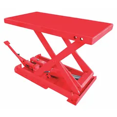 This fixed-top manual lift table uses a hydraulic lift mechanism to raise loads up to 550 lb to a maximum height of 28 in. The 32 in long platform provides a stable work surface. Typical applications include positioning materials at assembly lines, workstations, and other material handling tasks where ergonomic lifting is needed.