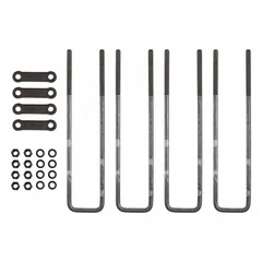 This U-bolt kit includes four square bend 5/8 in U-bolts, each 20 in long, made of steel with a silver finish. Designed for mounting truck boxes to a truck bed, it provides a secure fastening solution for utility and service bodies.