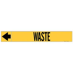 Yellow adhesive pipe marker with black legend 'Waste' and directional arrows. Each roll contains 25 markers for pipes with outer diameters from 2-1/2 to 6 inches. Used to identify waste piping in industrial and commercial facilities.