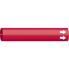 Red snap-on pipe marker with white legend text, designed for pipe outer diameters from 2-1/2 to 3-7/8 inches. Includes arrows for indicating flow direction. Used for identifying pipe contents and flow direction in industrial piping systems.