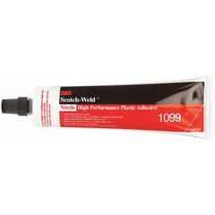 Solvent-based construction adhesive in a 5 fl oz tube, light tan color, with a VOC content of 20 g/L. Formulated for bonding plastic substrates in industrial assembly, panel installation, and general construction applications.