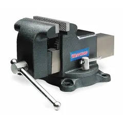 This combination vise features a covered, serrated jaw face with a 5-inch width and a 5-inch maximum opening. Designed for bench and pipe work, it is used for clamping and holding workpieces during filing, sawing, drilling, and other fabrication tasks in industrial workshops and maintenance environments.