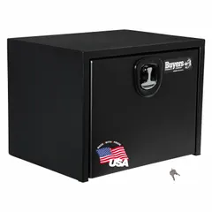 This single drop-down door box is constructed of black steel and features a keyed lock for secure storage. Designed for underbody mounting on trucks, it provides organized, lockable space for tools and equipment in fleet and service vehicle applications.