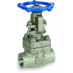 This SHARPE gate valve features a 316L stainless steel body and bonnet with a 316 stainless steel wedge. It has a rising stem design with wheel operation and socket x FNPT connections. Rated for 1600 psi CWP, it is suitable for on/off control in high-pressure fluid handling systems requiring corrosion resistance.