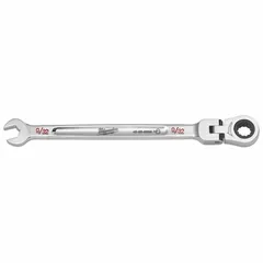 Chrome-finished combination wrench with a 12-point ratcheting box end for continuous turning without repositioning. Suitable for tightening or loosening fasteners in confined spaces. Head size: 9/32 in; overall length: 5/8 in.
