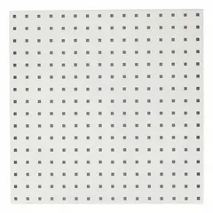 This steel pegboard panel features a white epoxy-coated finish and 3/8 in square peg holes. It measures 24 in x 24 in x 9/16 in and includes mounting hardware. Suitable for organizing tools and equipment in workshops, garages, and storage areas.