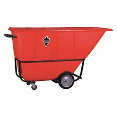 This steel-reinforced plastic tilt truck has a 1250 lb load rating and a 27 cu ft capacity. It measures 77 in L x 33 1/4 in W x 43 in H, is red with a flat front, and includes (2) swivel casters. Suitable for moving bulk materials in industrial and warehouse settings.
