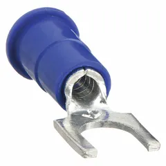 Insulated block fork terminal from the TR Series, featuring a funnel barrel and vinyl insulation. Accepts 16 AWG to 14 AWG wire, fits #6 stud size, rated for 1000 V. Used for terminating wires in control panels, electrical distribution, and equipment wiring requiring secure connections.