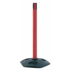 This sloped-base receiver post is designed for use with retractable belt barriers to form a crowd control or queue management system. The 38-inch red plastic post features a rubber sloped base and is nonfillable. It accepts the belt end from a compatible barrier post.