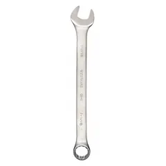 This SAE 12-point combination wrench is constructed from alloy steel with a satin finish. It features a 1-1/16 in head size and a 14-1/8 in overall length with an offset design for improved access in confined spaces. Suitable for tightening or loosening hex fasteners in mechanical assembly and maintenance tasks.