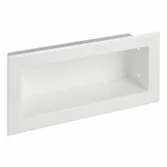 This recessed bathroom shelf is constructed of stainless steel with a powder-coated finish. Designed for institutional settings, it provides storage for towels or other items while maintaining a flush appearance in the wall.
