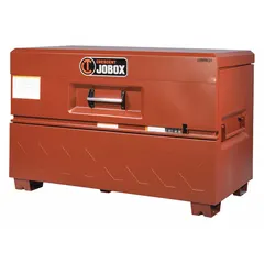 This piano-style jobsite box provides 36.5 cu ft of storage capacity for tools and equipment. It features a padlock hasp (lock not included) and a brown finish. Typical applications include securing gear on construction sites and industrial workspaces.