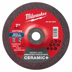 This MILWAUKEE cut-off wheel is a Type 27 depressed-center wheel with a ceramic abrasive and 30 grit, designed for cutting carbon and stainless steel. The 7-inch diameter, 1/16-inch thickness, and 7/8-inch arbor hole suit portable angle grinders. Typical applications include metal fabrication, maintenance, and repair tasks requiring fast, cool cuts.