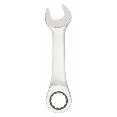 This 13 mm metric spline ratcheting combination wrench is constructed from alloy steel with a chrome finish. It has a standard overall length of 4 1/4 inches. Suitable for general fastening tasks in automotive repair, machinery maintenance, and industrial assembly.