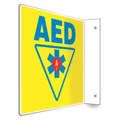 This L-shape projection AED sign is constructed from PETG material with a nominal size of 8 in x 8 in. It features mounting holes for secure wall installation and is not retroreflective, with no glow-in-the-dark or anti-slip surface. Suitable for marking automated external defibrillator locations in facilities requiring clear emergency signage.