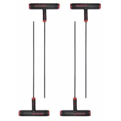 This 4-piece T-shaped hex key set features a 1/4 in SAE tip size and long length. Each key has one ball end for angled access up to 25 degrees. Made from alloy steel with a black oxide finish, suitable for tightening or loosening fasteners in confined spaces during maintenance and repair tasks.