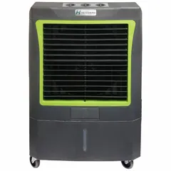 Portable evaporative cooler for open or semi-open spaces up to 950 sq ft. Operates on 115V AC with a 5-15P plug. Measures 35 in x 26 in x 18 in. Suitable for dry climate cooling in areas such as warehouses, workshops, and outdoor event spaces.