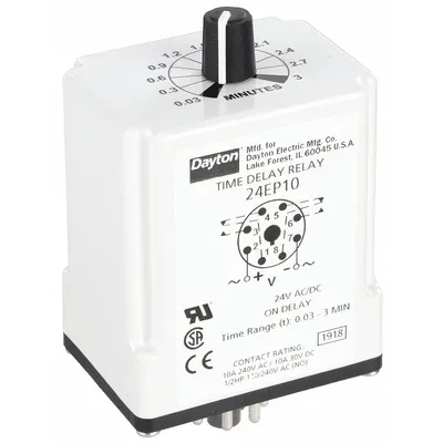 Dayton Single Function Time Delay Relay: Socket Mounted, 24V AC/DC, 10 A, 8 Pins/Terminals - Socket-Mounted Relays