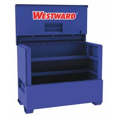This blue piano-style jobsite box provides 49.8 cu ft of storage capacity for tools and equipment. It measures 60 1/2 inches wide by 34 inches deep by 49 7/16 inches high and includes a recessed padlock hasp (lock not included) for securing contents. Suitable for use on construction sites, in industrial facilities, and in workshops.