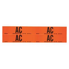 Self-stick vinyl marker with legend 'AC' for identifying AC voltage on conduits and electrical panels. Each card contains 4 markers, label height 1 1/8 in, style B. Suitable for indoor industrial environments.