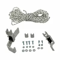 This rope and pulley kit is designed for use with extension ladders. It features a plastic pulley mechanism to assist in raising and lowering ladders. The kit has an overall length of 5.5 inches. Typical applications include construction, maintenance, and industrial tasks requiring ladder positioning