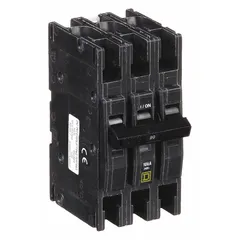 Three-pole miniature circuit breaker from the QOU series, rated 90 A at 120/240V AC with a maximum interrupting rating of 10kA. Designed for unit-mount installation and overcurrent protection in three-phase heating applications.