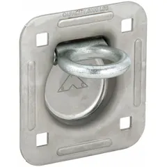 This recessed rope ring is used for securing ropes or cables in recessed mounting applications on vehicles or trailers. It features a zinc-plated finish for corrosion resistance. Overall length is 6 5/8 in, overall width is 5 11/16 in.