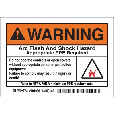 BRADY Arc Flash And Shock Hazard Warning Sign, Adhesive, 5 PK - Warning: Arc Flash And Shock Hazard Appropriate PPE Required Do Not Operate Signs