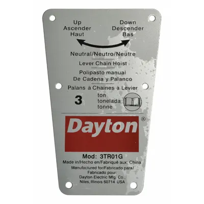 DAYTON Capacity Label: For 3TR01G, Fits Dayton Brand - GGS Material Handling Parts