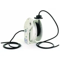 Hardwired self-retracting cord reel with 50 ft of 12 AWG SJOW cord terminating in bare wire. Suitable for industrial environments requiring a retractable power cord solution with constant tension or ratchet lock operation.