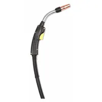 This MIG gun is rated for 300 A and 0.045 in wire, with a 15 ft cable length. It uses CO2 shielding gas and features a Miller-compatible rear connection. The gun employs the Centerfire contact tip series. Typical applications include semi-automatic GMAW in fabrication and repair