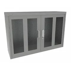 This wall-mount pegboard cabinet is constructed of medium-duty steel with a gray finish. It features a pull handle and keyed lock for security. Suitable for organizing tools and small parts in workshops, garages, and maintenance facilities. Weighs 115 lb.