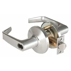 This BEST storeroom lever lockset features a satin chromium-plated zinc finish and a 9K Contour Angle Return Lever. It is ANSI F86 function, allowing free egress while requiring key or credential for entry, suitable for utility closets, electrical rooms, and storage areas. Includes a Large Format Interchangeable Core (LFIC) cylinder and is ADA compliant.
