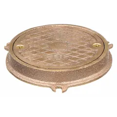 This floor cleanout cover is constructed of corrosion-resistant nickel bronze with a polished bronze finish. It has a 5-1/2 in overall diameter and 3/4 in overall height, and includes a frame with anchor lugs. Used to provide access to drain lines for cleaning and inspection in floor installations.