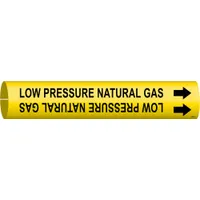 This snap-on pipe marker identifies low pressure natural gas lines. It features a yellow background with black legend and directional arrows. Designed to fit pipe outer diameters from 1-1/2 to 2-3/8 inches, it is used for labeling gas piping in industrial facilities